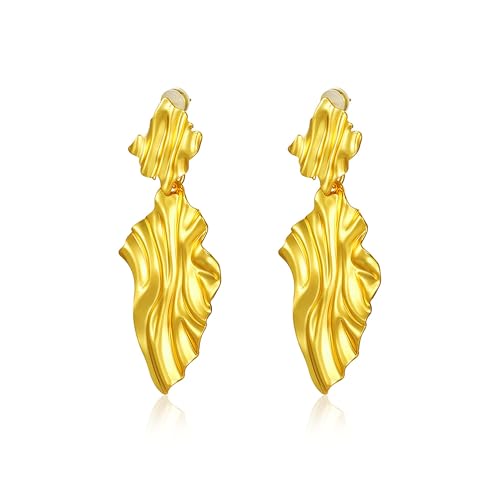 Large Geometric Drop Dangle Earrings for Women Pearl Teardrop Disc Rectangle Oval Fishtail Shell Shaped Textured Dangle Studs Earrings for Women - color: Gold-Textured