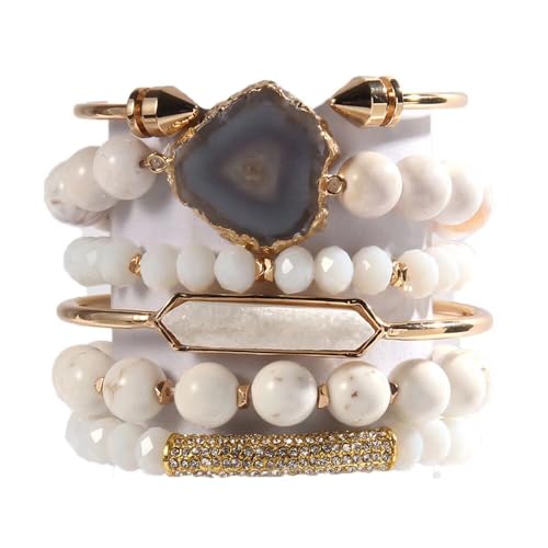 Yomisa 5PCS 6PCS Natural Boho Beaded Bracelets/Bangle for Women Men,Healing Turquoise Jasper Agate Crystal Gemstone Stone Chakra Multilayer Wrap Bohemian Handmade Jewelry Beads Stretch Bracelet Set - color: 1-6PCS-White