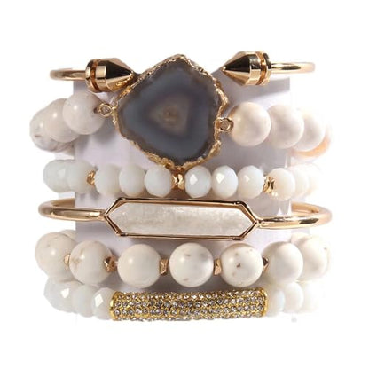Yomisa 5PCS 6PCS Natural Boho Beaded Bracelets/Bangle for Women Men,Healing Turquoise Jasper Agate Crystal Gemstone Stone Chakra Multilayer Wrap Bohemian Handmade Jewelry Beads Stretch Bracelet Set - color: 1-6PCS-White