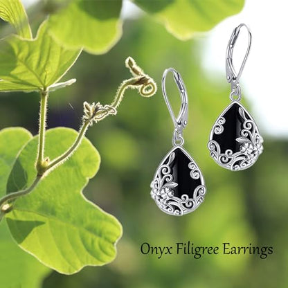Black Onyx Earrings 925 Sterling Silver Black Onyx Dangle Drop Earrings Filigree Jewelry Gift for Women Girls - style: Filigree
