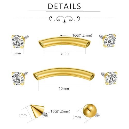 FECTAS Internal Threaded Eyebrow Rook Piercing Jewelry 16G Earrings 8/10mm Vertical Labret Lip Jewelry Curved Barbell Eyebrow Rings Tiny Small Belly Rings Ear Rook Helix Conch Daith Piercing Jewelry - color: gold&black