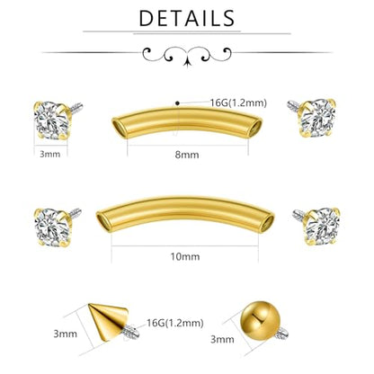 FECTAS Internal Threaded Eyebrow Rook Piercing Jewelry 16G Earrings 8/10mm Vertical Labret Lip Jewelry Curved Barbell Eyebrow Rings Tiny Small Belly Rings Ear Rook Helix Conch Daith Piercing Jewelry - color: gold&black
