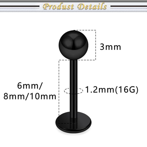 Internally Threaded Labret Studs 18G 16G 14G Surgical Steel Lip Piercing Jewelry with Claw Tool Monroe Snake Bite Jewelry Flat Back Barbell for Women Men Plus Piercing Ball Grabber Tool - color: black, size: 16g,ball end