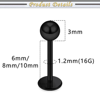 Internally Threaded Labret Studs 18G 16G 14G Surgical Steel Lip Piercing Jewelry with Claw Tool Monroe Snake Bite Jewelry Flat Back Barbell for Women Men Plus Piercing Ball Grabber Tool - color: black, size: 16g,ball end