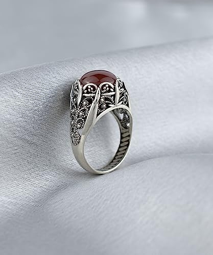 Filigranist 925 Sterling Silver Filigree Art Women Mini Dome Cocktail Ring with Gemstone, Gift Boxed - color: Carnelian