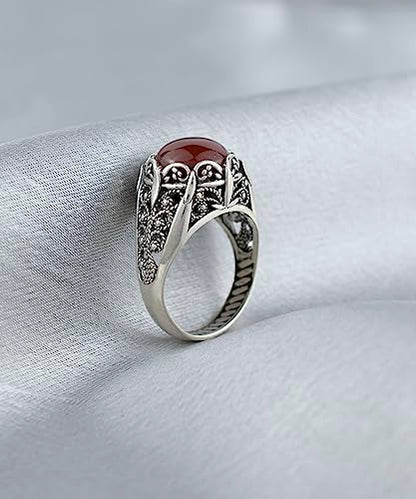 Filigranist 925 Sterling Silver Filigree Art Women Mini Dome Cocktail Ring with Gemstone, Gift Boxed - color: Carnelian