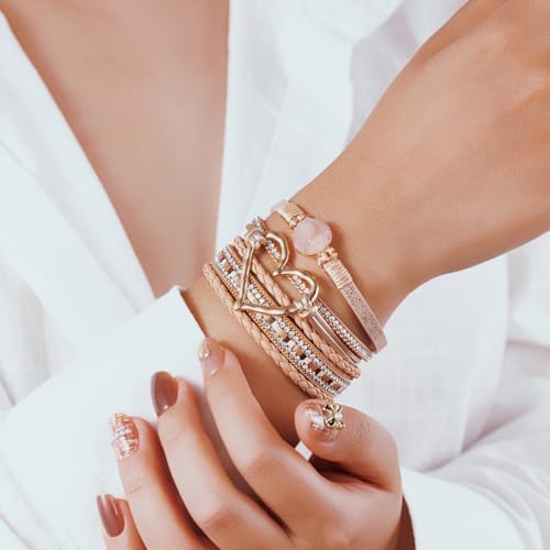 Boho Leather Wrap Bracelets Beaded Stackable Cuff Bracelet Country Concert Outfits Cowboy Cowgirl Western Jewelry Gifts for Women - color: Heart-Rose Gold