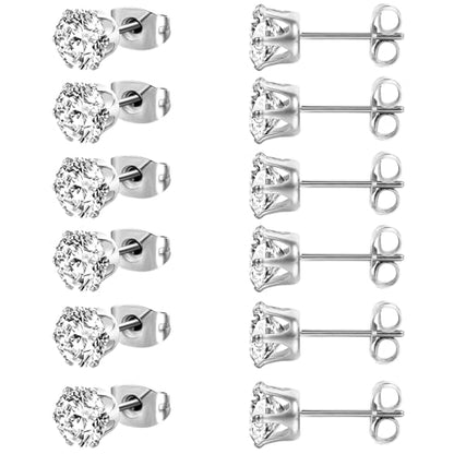 MDFUN 6 Pairs Stud Earrings Sets 3-8MM 18K Gold Plated Round 5A+ Cubic Zirconia Earrings Hypoallergenic CZ 6 Prong Ears Jewelry for Women - color: 8MM-White Gold