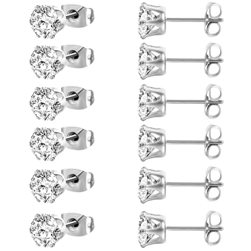 MDFUN 6 Pairs Stud Earrings Sets 3-8MM 18K Gold Plated Round 5A+ Cubic Zirconia Earrings Hypoallergenic CZ 6 Prong Ears Jewelry for Women - color: 8MM-White Gold