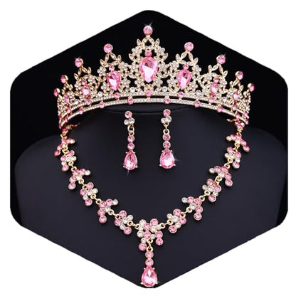Crystal Crown and Tiara Jewelry Set for Women Bride with Necklace Earrings | Metal Rhinestone Royal Queen Princess Jewelry Set Wedding Quinceanera Pageant Prom Birthday Halloween Party Costume Gift - color: Pink