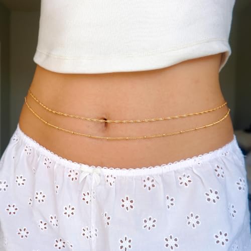 Tewiky Layered Waist Chain for Women, 14K Gold/Silver Plated Belly Chains | Beach Waist Beads Chain, Waterproof Twist Figaro Cuban Body Chain, Summer Jewelry for Women Gifts - color: Gold Waist Chain1