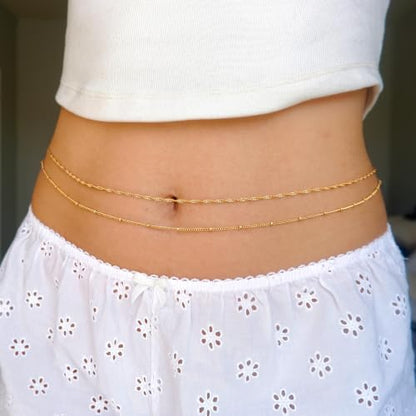Tewiky Layered Waist Chain for Women, 14K Gold/Silver Plated Belly Chains | Beach Waist Beads Chain, Waterproof Twist Figaro Cuban Body Chain, Summer Jewelry for Women Gifts - color: Gold Waist Chain1