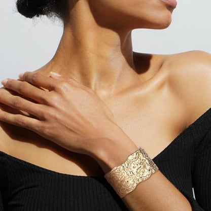 HZMAN Chunky Gold Cuff Bracelets for Women Thick Wide Bangle Bracelet Hammered Open Hinge Wrist Cuff Bracelet Jewelry Gift - color: 12.Meteorite Shaped Gold 7In
