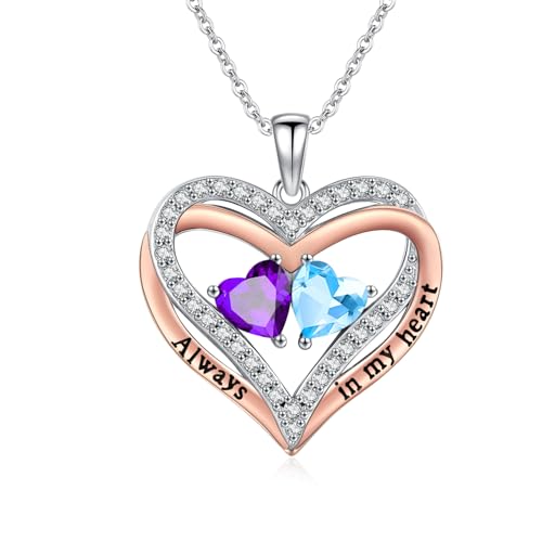 Heart Birthstone Necklace for Women 14K Rose Gold/White Gold Filled Overlapping Double Hearts Pendant Anniversary Valentine's Day Birthday Mother's Day Christmas Gifts for Wife Mom Daughter Her - color: 02-12-Feb-Dec Birthstone-A, style: Double-Layered Lo