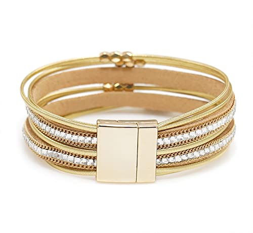 Multi-layer Leather Bracelets Multi-strand Wrap Bracelets Handmade Braided Rope Cuff Bangle with Magnetic Buckle Jewelry - color: Crystal Gold