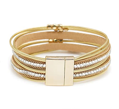 Multi-layer Leather Bracelets Multi-strand Wrap Bracelets Handmade Braided Rope Cuff Bangle with Magnetic Buckle Jewelry - color: Crystal Gold