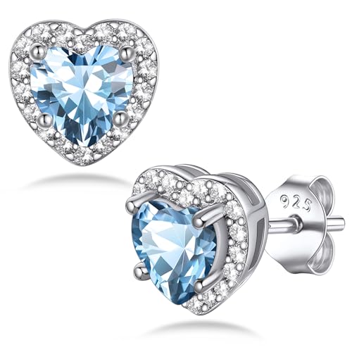 Bestyle Sparkling 925 Sterling Silver Birthstone Stud Earrings for Women, Heart/Round/Teardrop/Square Solitaire Diamond Studs Earrings, Great Birthday/Christmas Gifts - style: 03. Blue Aquamarine-Mar.-heart