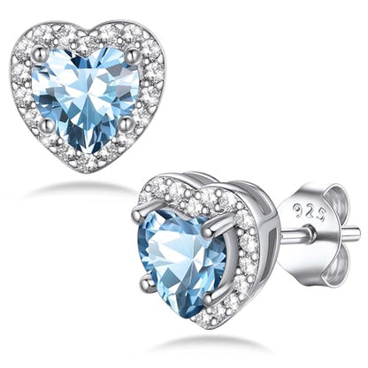 Bestyle Sparkling 925 Sterling Silver Birthstone Stud Earrings for Women, Heart/Round/Teardrop/Square Solitaire Diamond Studs Earrings, Great Birthday/Christmas Gifts - style: 03. Blue Aquamarine-Mar.-heart
