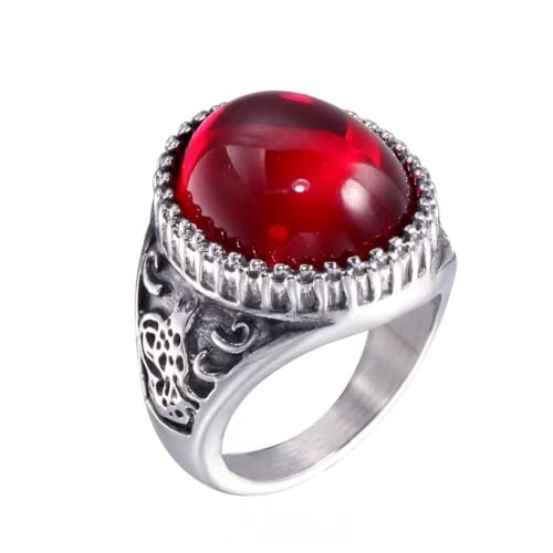 Vintage Red Gemstone Ring for Men, Stainless Steel Oval Red Stone Signet Ring, Retro Carved Band for Father's Day, Birthday, - color: style12