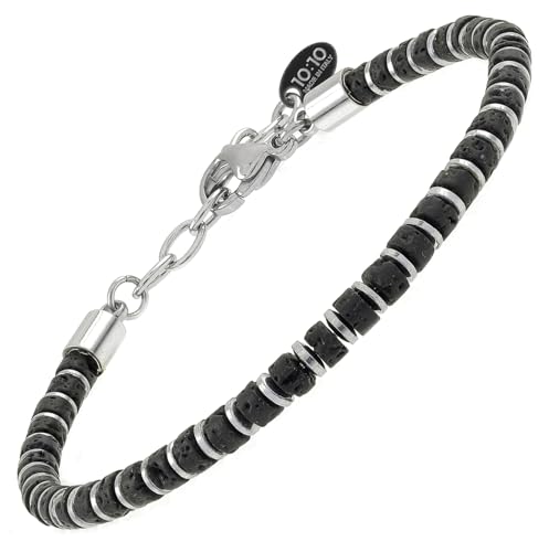 Beaded Bracelet for Men and Women – Natural Lava Gemstone Bracelet, Hematite and Stainless Steel – Adjustable, Durable and Elegant – Made in Italy - color: Black