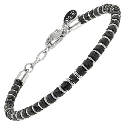 Beaded Bracelet for Men and Women – Natural Lava Gemstone Bracelet, Hematite and Stainless Steel – Adjustable, Durable and Elegant – Made in Italy - color: Black