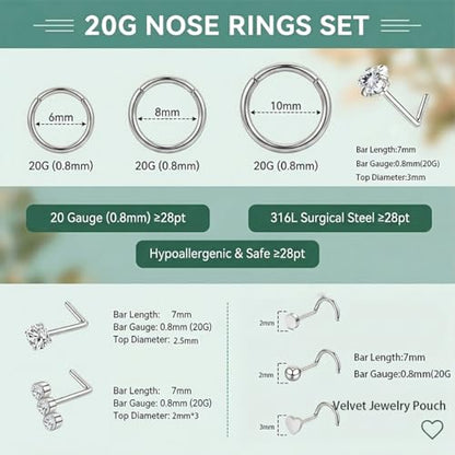 20G Nose Rings Hoops And Studs For Women Men, 12PCS Hypoallergenic Stainless Steel Nose Hoops Dainty Non Tarnish Nose Hoop Set, L Shaped CZ Nose Stud Piercing Jewelry Gold/Sliver - color: 20G-Sliver
