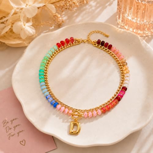Colorful Beaded Bubble Letter Necklace For Women, Boho Double Layer Dopamine Rainbow Resin Beads Thick Cuban Chain Chunky With Initials Pendant Necklaces Summer Beach Jewelry Gift ﻿ - color: Dop D