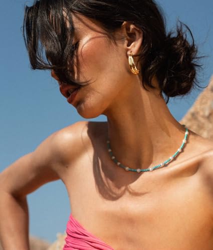 Aobei Pearl 18K Gold Plated Paperclip Chain Choker Satellite Chain Freshwater Cultured Biwa Pearl Pendant Necklace Dainty Turquoise Jewelry for Women - color: Green-blue Turquoise White Pearl