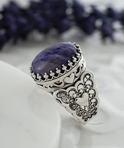 Filigranist 925 Sterling Silver Handcrafted Filigre Art Double Heart Detailed Women Cocktail Ring with Gemstones - color: Charoite