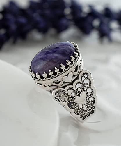 Filigranist 925 Sterling Silver Handcrafted Filigre Art Double Heart Detailed Women Cocktail Ring with Gemstones - color: Charoite