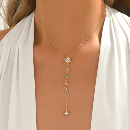 Lariat Necklaces for Women 18K Gold Plated Cubic Zirconia Heart Necklaces Dainty Star Lightning Sun and Moon Necklace Trendy Y Shaped Drop Diamond Necklace - color: Sun Moon Star Lightning Y Necklace-Gold