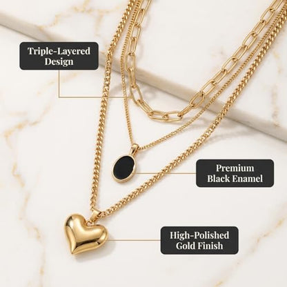 QCWN Gold Layered stacked Necklaces for women 3PS Chunky Statement Necklaces Stack Mixed Metal Charm Necklace for Women Trendy Coin Jewelry Gift for Her Gifts - style: Layered stack 12