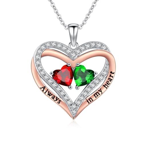 Heart Birthstone Necklace for Women 14K Rose Gold/White Gold Filled Overlapping Double Hearts Pendant Anniversary Valentine's Day Birthday Mother's Day Christmas Gifts for Wife Mom Daughter Her - color: 01-05-Jan-May Birthstone-A, style: Double-Layered Lo