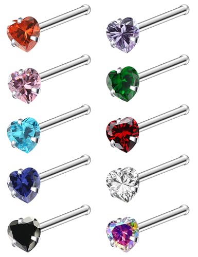 ASTM F136 Titanium Nose Rings 18G 20G 22G Mix Color Heart Cubic Zirconia Nose Studs Ring Screw L-Shaped Bone Hypoallergenic Body Piercing Jewelry for Women 3mm 10PCS - style: Bone:20G(0.8mm)