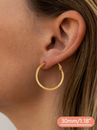 FaithHeart Silver/Black/Gold Stainless Steel Thin Hoop Earrings for Women | 2mm Wide Thin Large Hoop Earrings, Hypoallergenic Lightweight Trendy Jewelry, 20/30/40/50/60/70/80/90/100mm - color: Gold, size: 30mm/1.18"