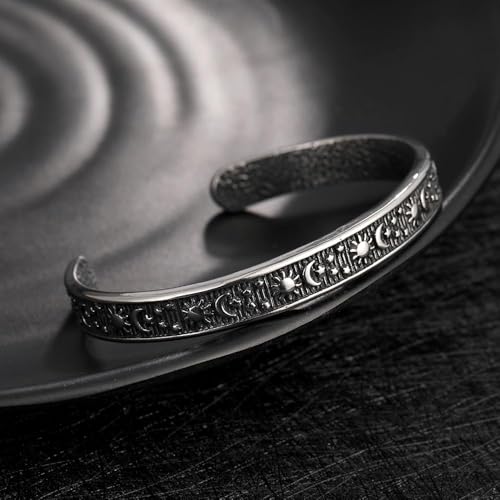 YWMAN Sun Moon Star Engraved Bangle Bracelet - Stainless Steel Celestial Cuff Bracelet - Gifts for Mom Daughter Sister Friends