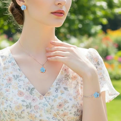 EleQueen Rose Flower Necklace Earrings Bracelet Set for Women - color: Light Blue-Silver
