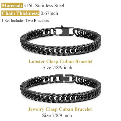 2PCS Cuban Link Bracelet, Silver Gold Black Sturdy 316L Stainless Steel Cuban Link Chain for Men Jewelry Set with Gift Message Card 8mm, 7/8/9 Inches - color: Black, size: 8 inches