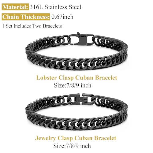 2PCS Cuban Link Bracelet, Silver Gold Black Sturdy 316L Stainless Steel Cuban Link Chain for Men Jewelry Set with Gift Message Card 8mm, 7/8/9 Inches - color: Black, size: 9 inches