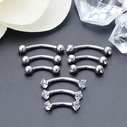 SCERRING 9-18PCS 16G Stainless Steel Eyebrow Tragus Helix Rook Daith Earrings Belly Lip Ring Clear Cubic Zirconia Barbell Body Piercing Jewelry 6mm 8mm 10mm - color: 9PCS - Silver