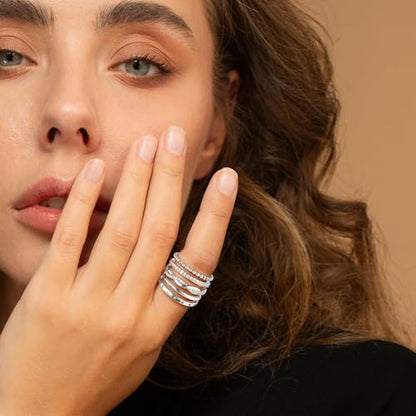 Turandoss Gold Stackable Rings Set for Women Non Tarnish | 14K Gold Plated, Trendy CZ Stackable Engagement Rings Stack, Thin Thumb Wedding Bands Ring Set, Size 6 7 8 9, 5PCS - color: Silver-Plated