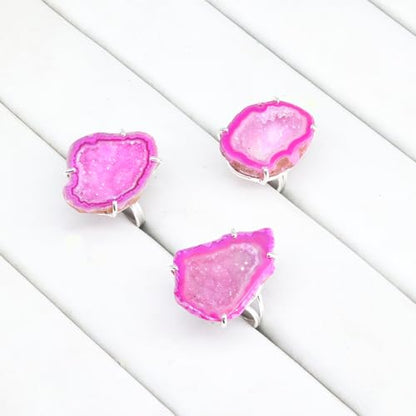Geode Ring Set with Agate and Quartz Crystals,Stone Sizes 25-30mm - color: Pink, style: 1