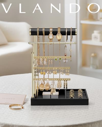 VLANDO Jewelry Stand Organizer with Ring Holder Tray, Necklace and Earring Storage for Bracelets, Watches and Rings, PU Leather Covered Wooden Tray with Gold Metal Frame - Black - color: Black