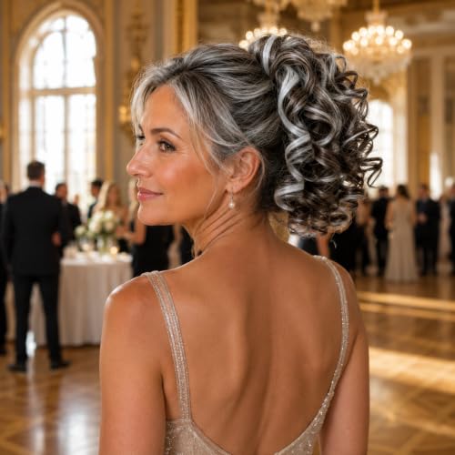 CAISHA Jumbo Hairpiece Scrunchy Updo Voluminous Curly Messy Bun Chocolate Brown With Gray Highlights G29L - color: chocolate brown with gray highlights #4HGRAY G29L