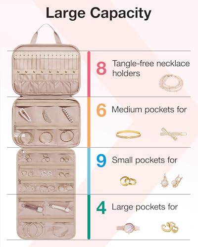 BAGSMART Travel Jewelry Case, Hanging Roll Jewelry Bag with Zipper Pockets Jewelry from Oxidation, Large Capacity for Earrings, Necklaces, Rings on Closet, Wall, Door, Portable Travel Essentials, Pink - color: Pink