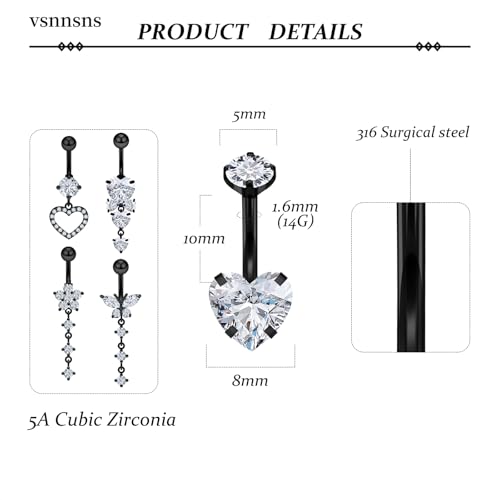 Vsnnsns 14G Dangle Belly Button Ring Piercing Jewelry 316L Stainless Surgical Steel Snake Heart Butterfly Flower Diamond CZ Navel Rings Dangling Belly Button Ring Piercing Jewelry for Women 14 Gauge - color: Black-Clear CZ