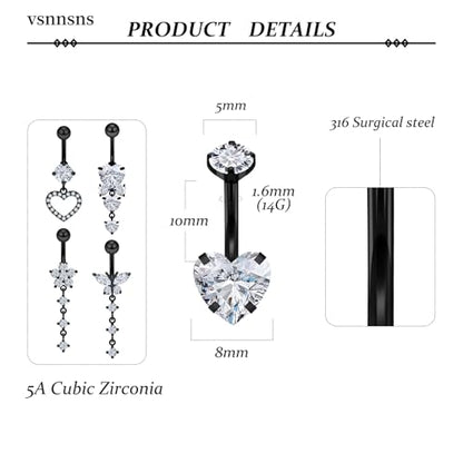 Vsnnsns 14G Dangle Belly Button Ring Piercing Jewelry 316L Stainless Surgical Steel Snake Heart Butterfly Flower Diamond CZ Navel Rings Dangling Belly Button Ring Piercing Jewelry for Women 14 Gauge - color: Black-Clear CZ