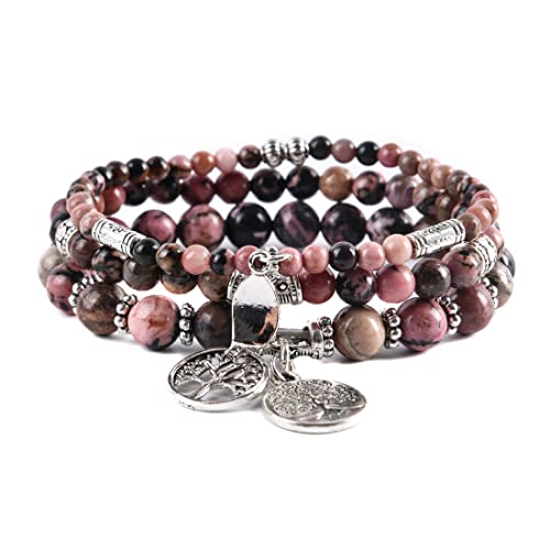 YGLINE Tree of Life Yoga Healing Stone Bracelets,Multilayer Lotus Chakra Stone Reiki Bracelet Sets,Anxiety Crystal Natural Stone,for Women Stress Relief - color: Rhodonite-3w
