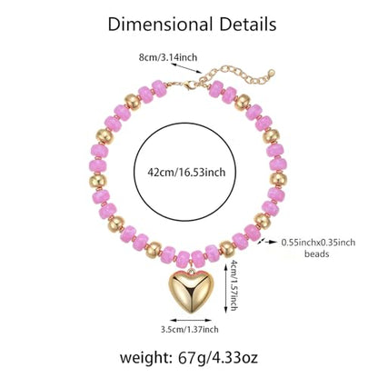 Resin Chunky Colorful Beaded Necklace | Adjustable Boho Statement Necklace,Summer Beach Party Jewelry - color: Heart-Pinkish-purple