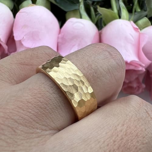 TUTISS 6mm 8mm Silver/Black/Gunmetal/Gold/Rose Gold Hammered Tungsten Rings for Men Women Couple Fashion Jewelry Engagement Wedding Bands Matte Finish Comfort Fit - color: 8mm Gold I Love You Engraved